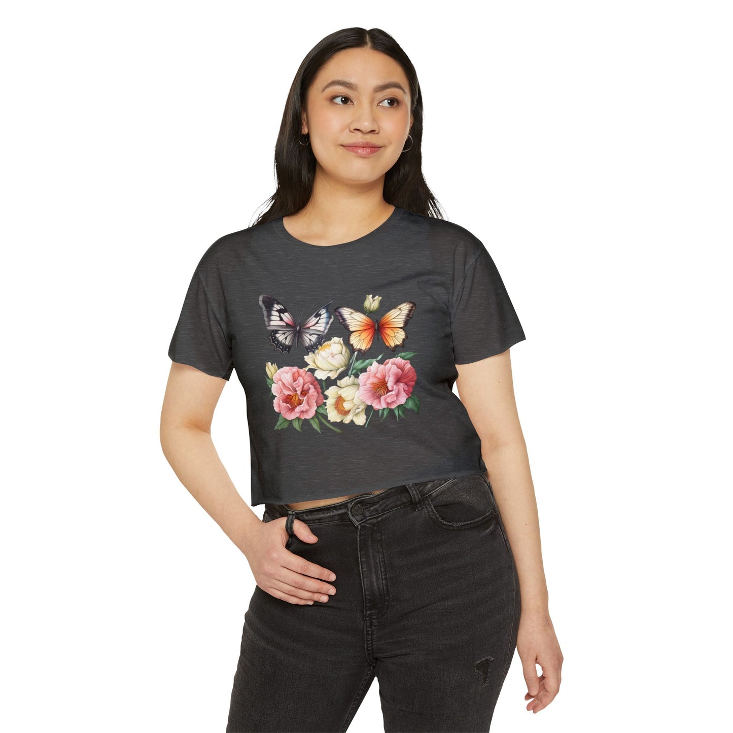 Bohemian Butterfly Crop Top, Festival Clothing, Summer Top, Women's T-Shirt, Floral Print Tee, Casual Wear, Gift for Her