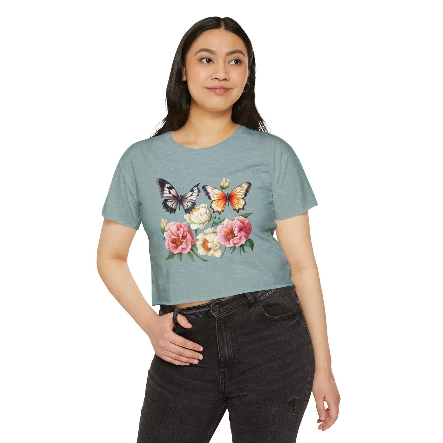 Bohemian Butterfly Crop Top, Festival Clothing, Summer Top, Women's T-Shirt, Floral Print Tee, Casual Wear, Gift for Her