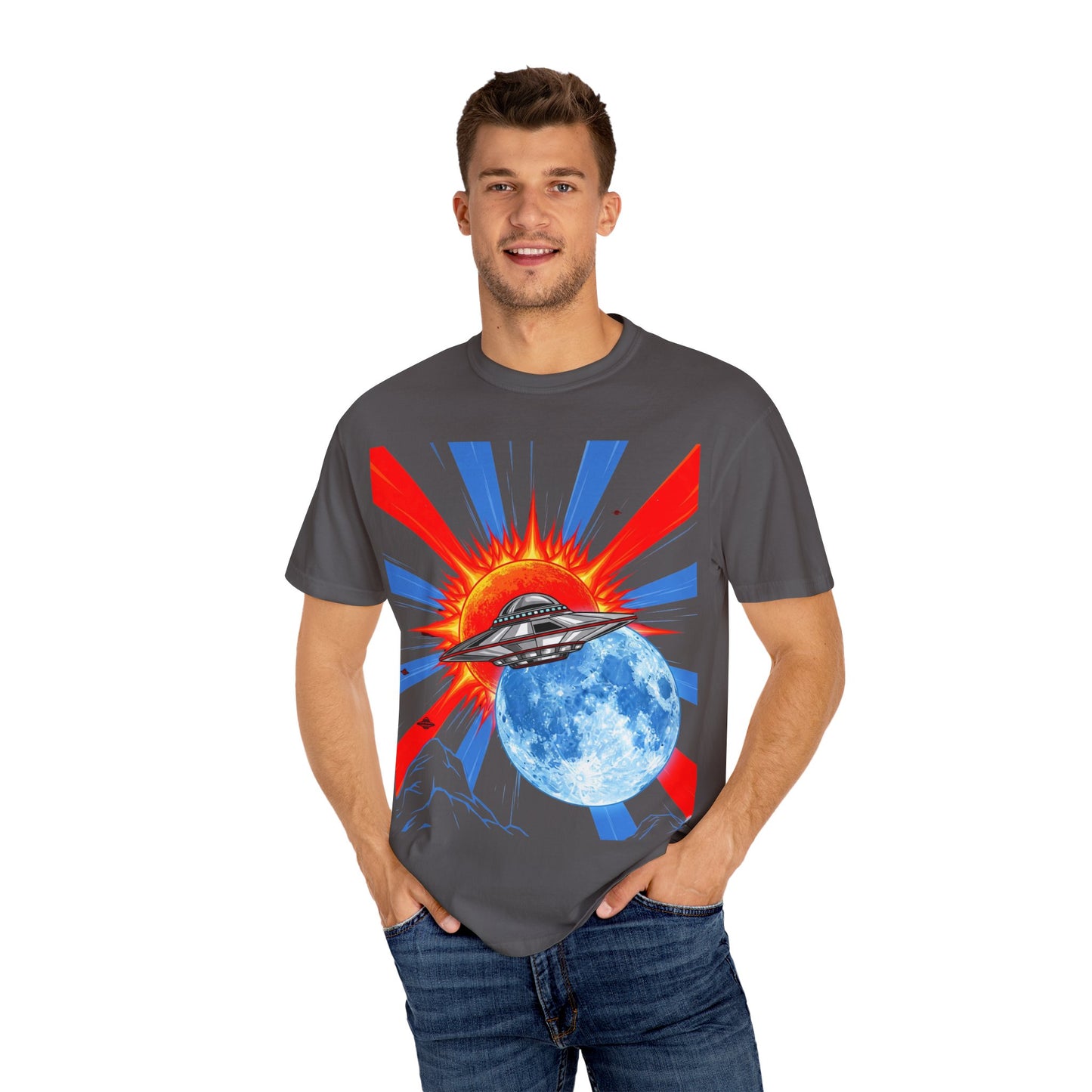 Retro Space Graphic T-shirt - Unisex Cartoon UFO Tee, Gift for Sci-fi Lovers, Casual Wear, Vintage Style, Summer Outfit
