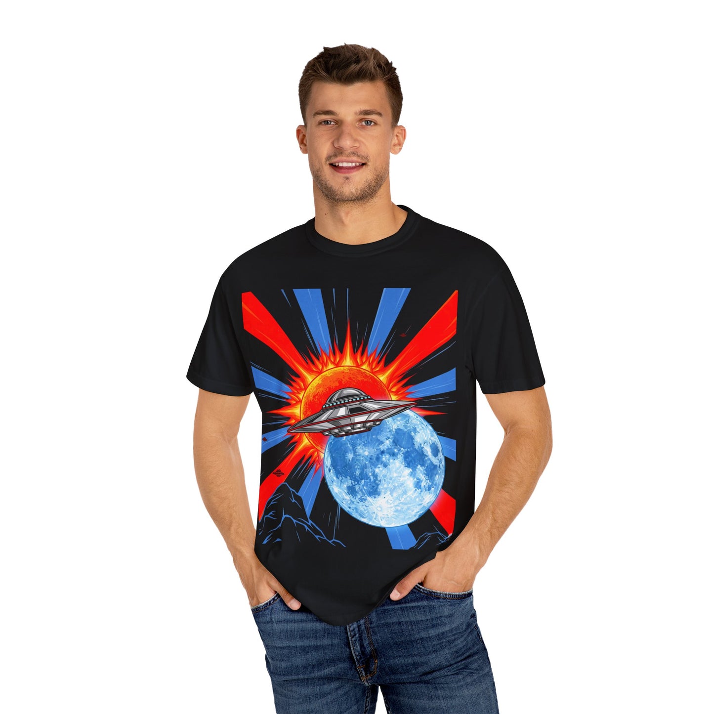 Retro Space Graphic T-shirt - Unisex Cartoon UFO Tee, Gift for Sci-fi Lovers, Casual Wear, Vintage Style, Summer Outfit