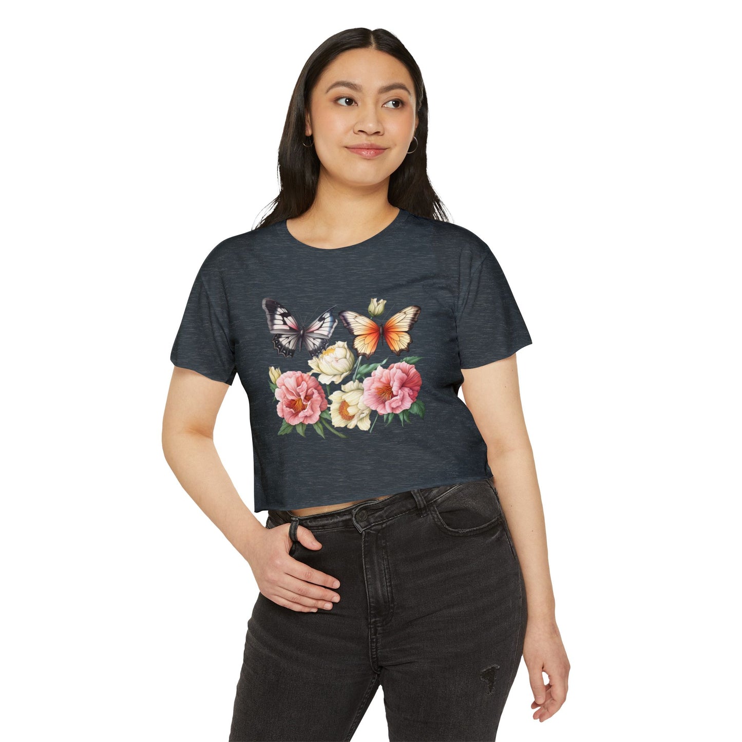 Bohemian Butterfly Crop Top, Festival Clothing, Summer Top, Women's T-Shirt, Floral Print Tee, Casual Wear, Gift for Her