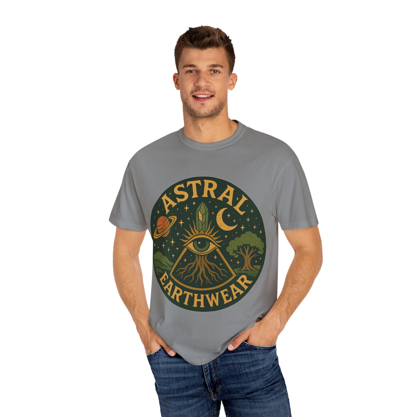 Astral Earthwear Unisex T-Shirt, Boho Graphic Tee, Celestial Design Shirt, Gift for Nature Lovers, Casual Earthy Style