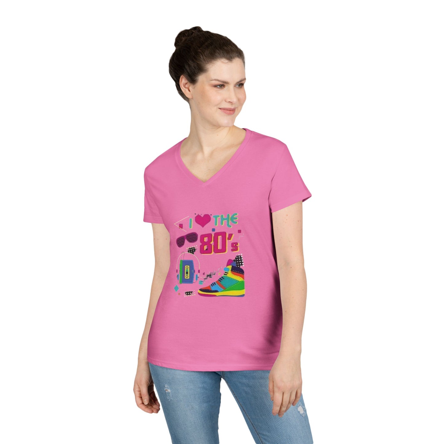 I Love The 80's Ladies' V-Neck T-Shirt, RetroStyle Tee, Vintage 80s Shirt, Perfect for Parties, Gifts for Her, Nostalgic Fashion