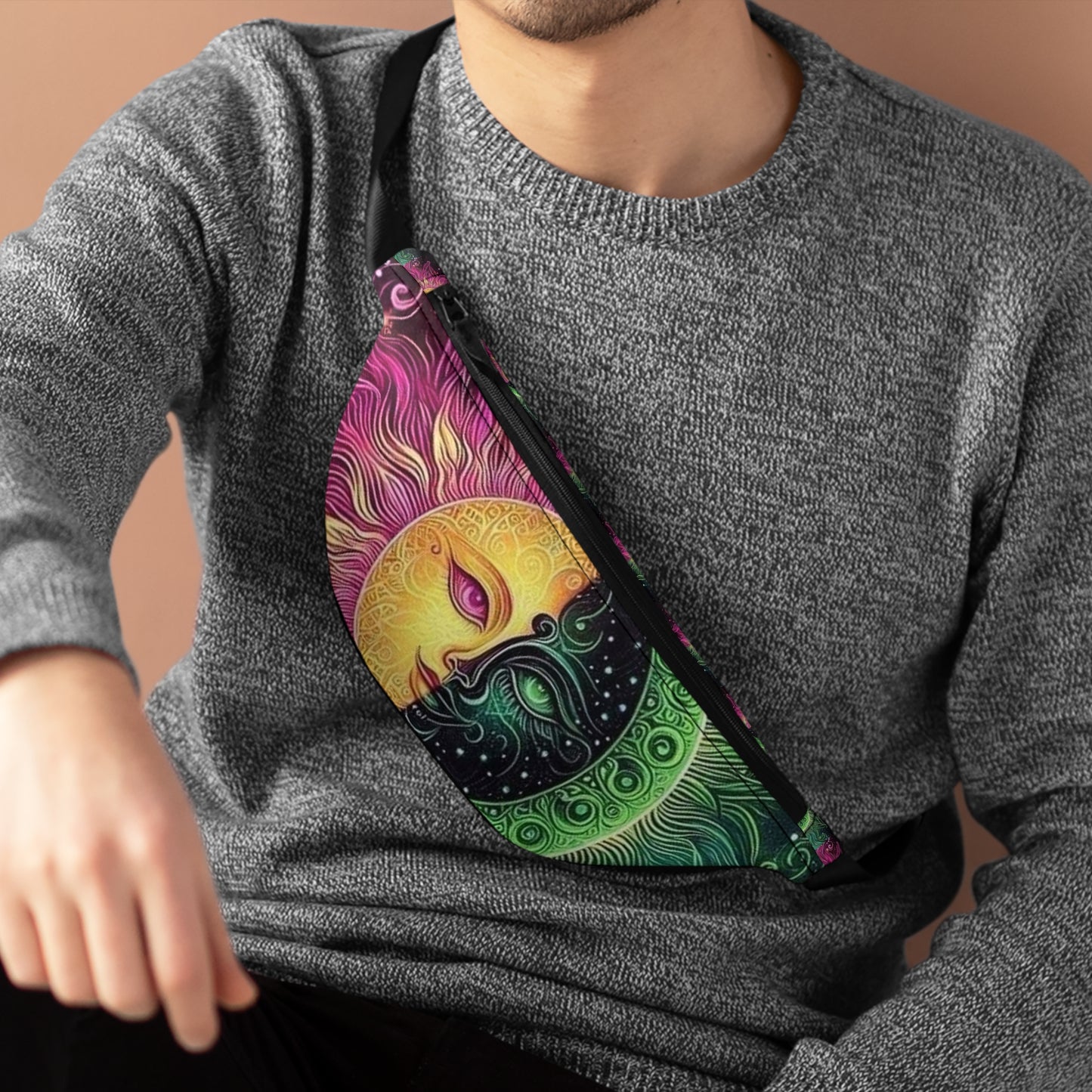 Psychedelic Sun and Moon Fanny Pack | Bohemian Festival Bag, Casual Belt Bag, Travel Accessory, Organizer for Events and Everyday