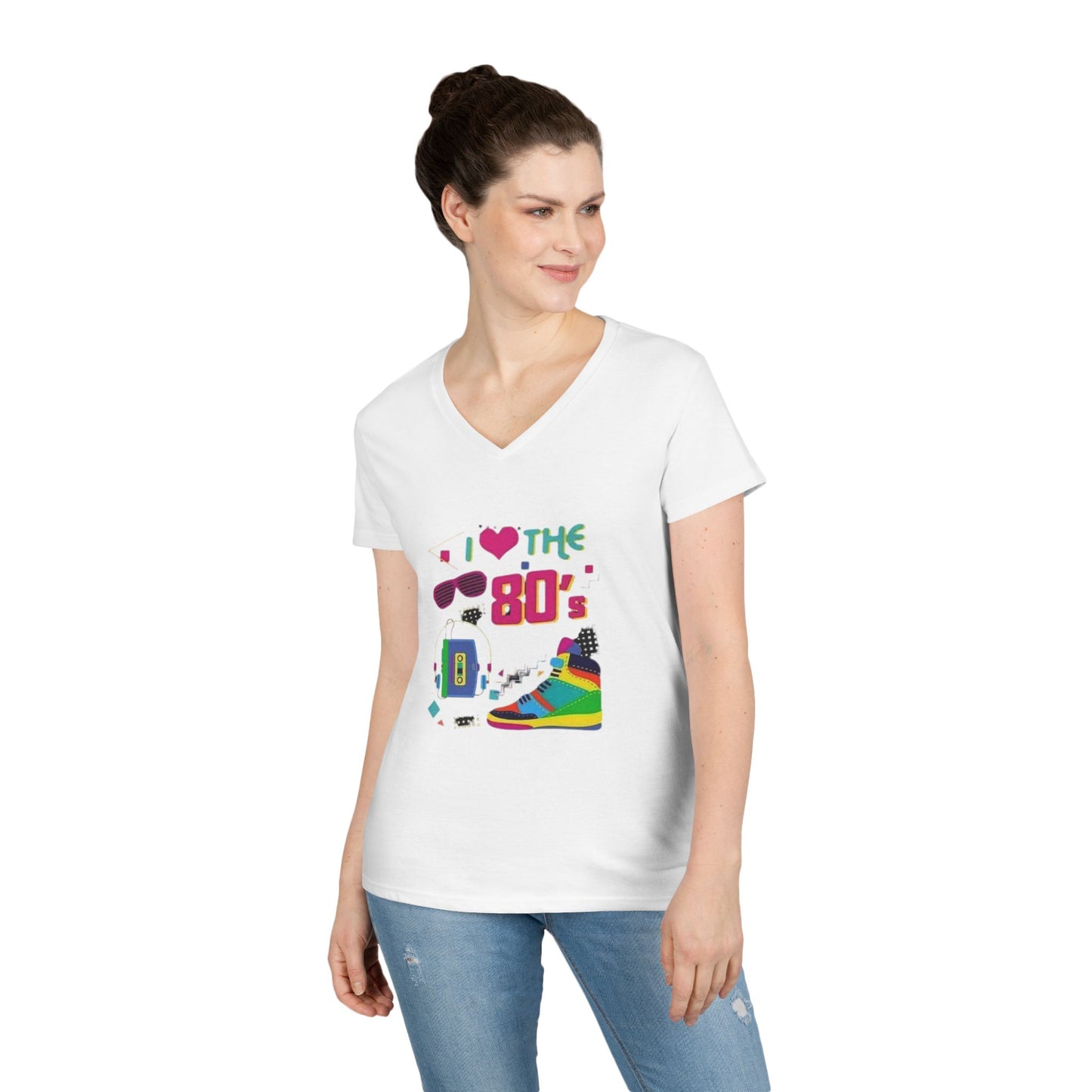 I Love The 80's Ladies' V-Neck T-Shirt, RetroStyle Tee, Vintage 80s Shirt, Perfect for Parties, Gifts for Her, Nostalgic Fashion