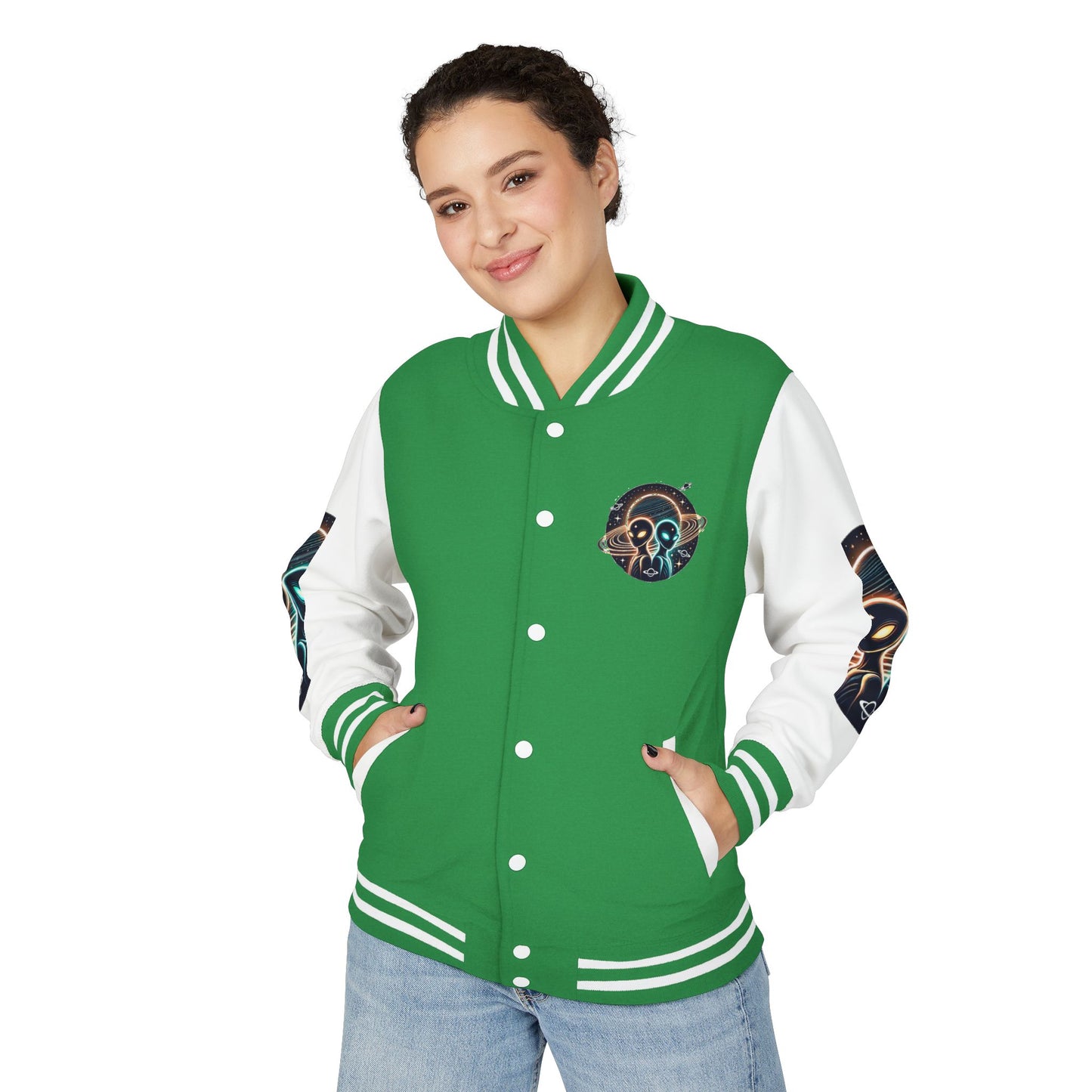Cosmic Alien Letterman Jacket | Vintage Style Outerwear, Trendy Unisex Jacket, Space Theme Apparel, Perfect for Cosplay or Gift