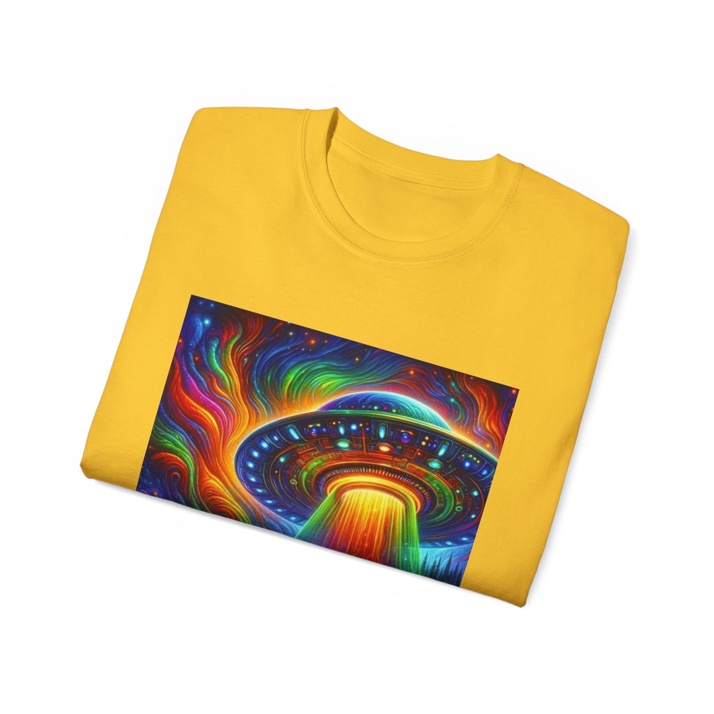 Cosmic Adventure Tee - Unisex Ultra Cotton T-Shirt, UFO Graphic Tee, Colorful Sci-Fi Shirt, Perfect for Festivals, Gift for Space Lovers