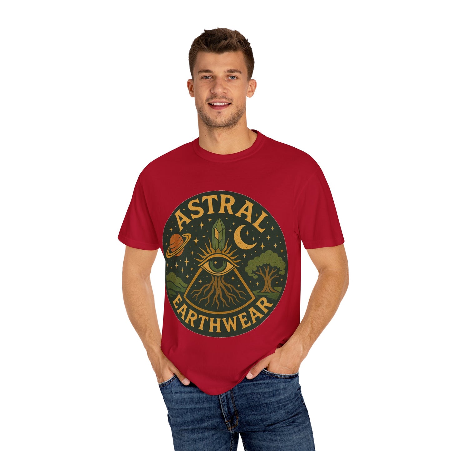 Astral Earthwear Unisex T-Shirt, Boho Graphic Tee, Celestial Design Shirt, Gift for Nature Lovers, Casual Earthy Style