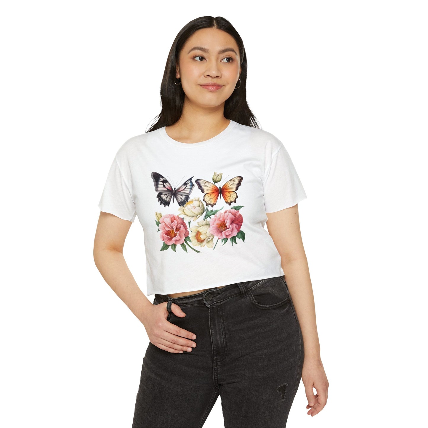 Bohemian Butterfly Crop Top, Festival Clothing, Summer Top, Women's T-Shirt, Floral Print Tee, Casual Wear, Gift for Her