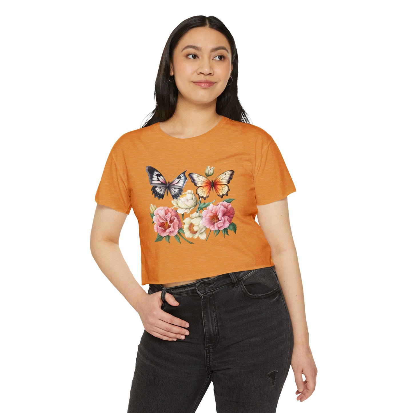 Bohemian Butterfly Crop Top, Festival Clothing, Summer Top, Women's T-Shirt, Floral Print Tee, Casual Wear, Gift for Her