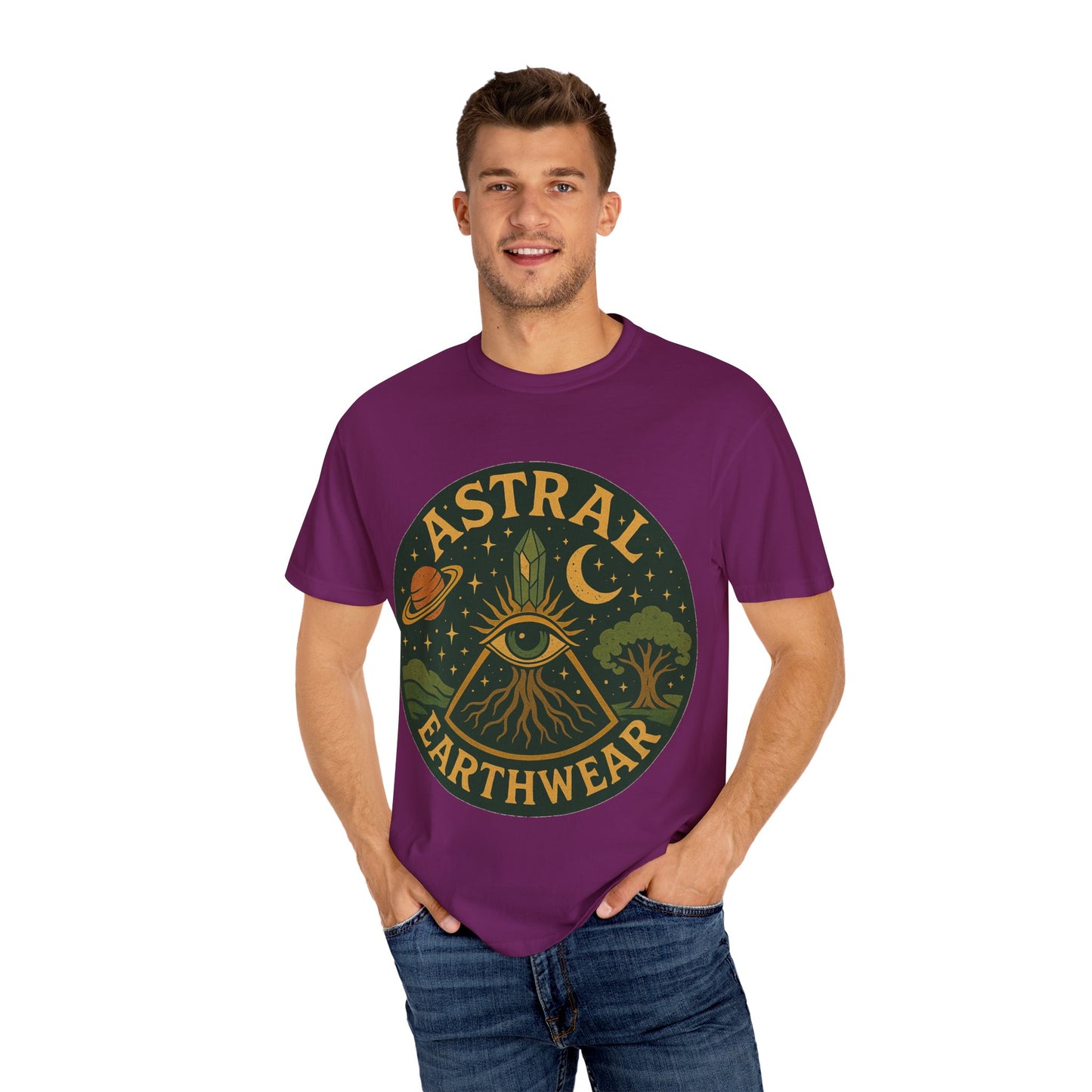 Astral Earthwear Unisex T-Shirt, Boho Graphic Tee, Celestial Design Shirt, Gift for Nature Lovers, Casual Earthy Style