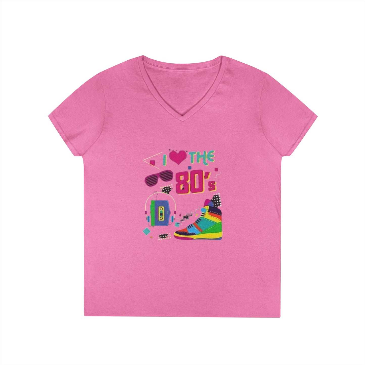 I Love The 80's Ladies' V-Neck T-Shirt, RetroStyle Tee, Vintage 80s Shirt, Perfect for Parties, Gifts for Her, Nostalgic Fashion