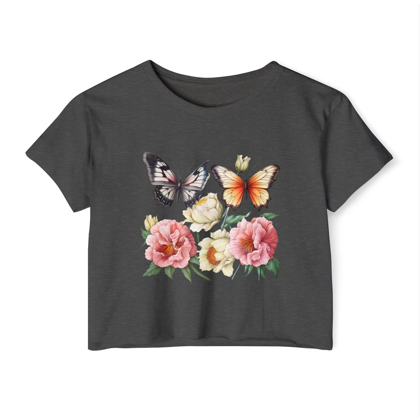 Bohemian Butterfly Crop Top, Festival Clothing, Summer Top, Women's T-Shirt, Floral Print Tee, Casual Wear, Gift for Her