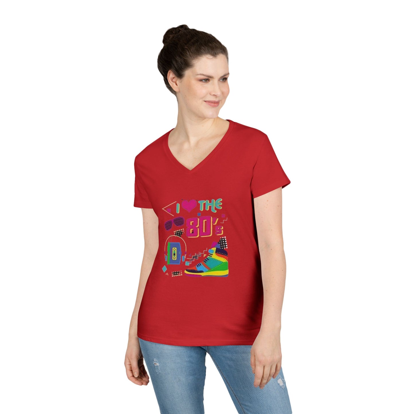 I Love The 80's Ladies' V-Neck T-Shirt, RetroStyle Tee, Vintage 80s Shirt, Perfect for Parties, Gifts for Her, Nostalgic Fashion