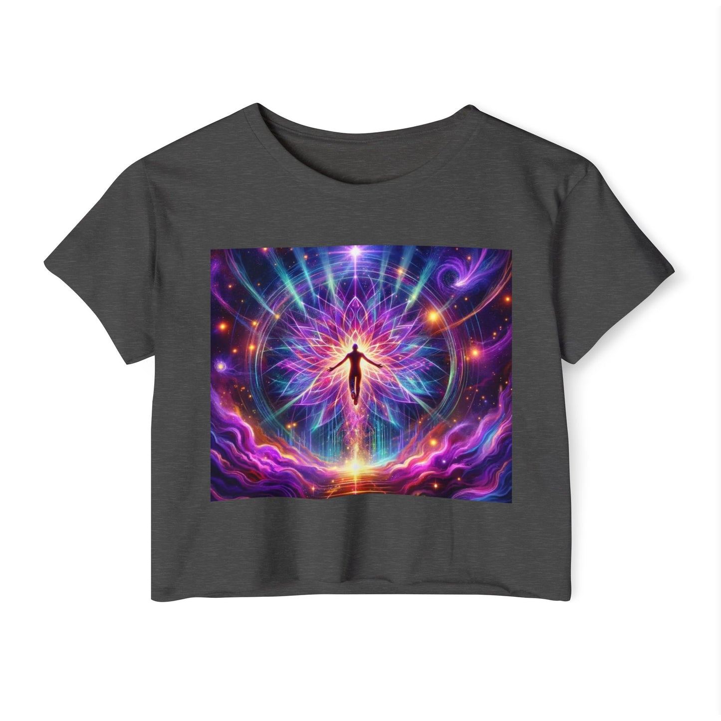 Colorful Cosmic Women's Festival Crop Top, Boho Summer Shirt, Music Festival Wear, Psychedelic Tee, Yoga Top, Gift for Her