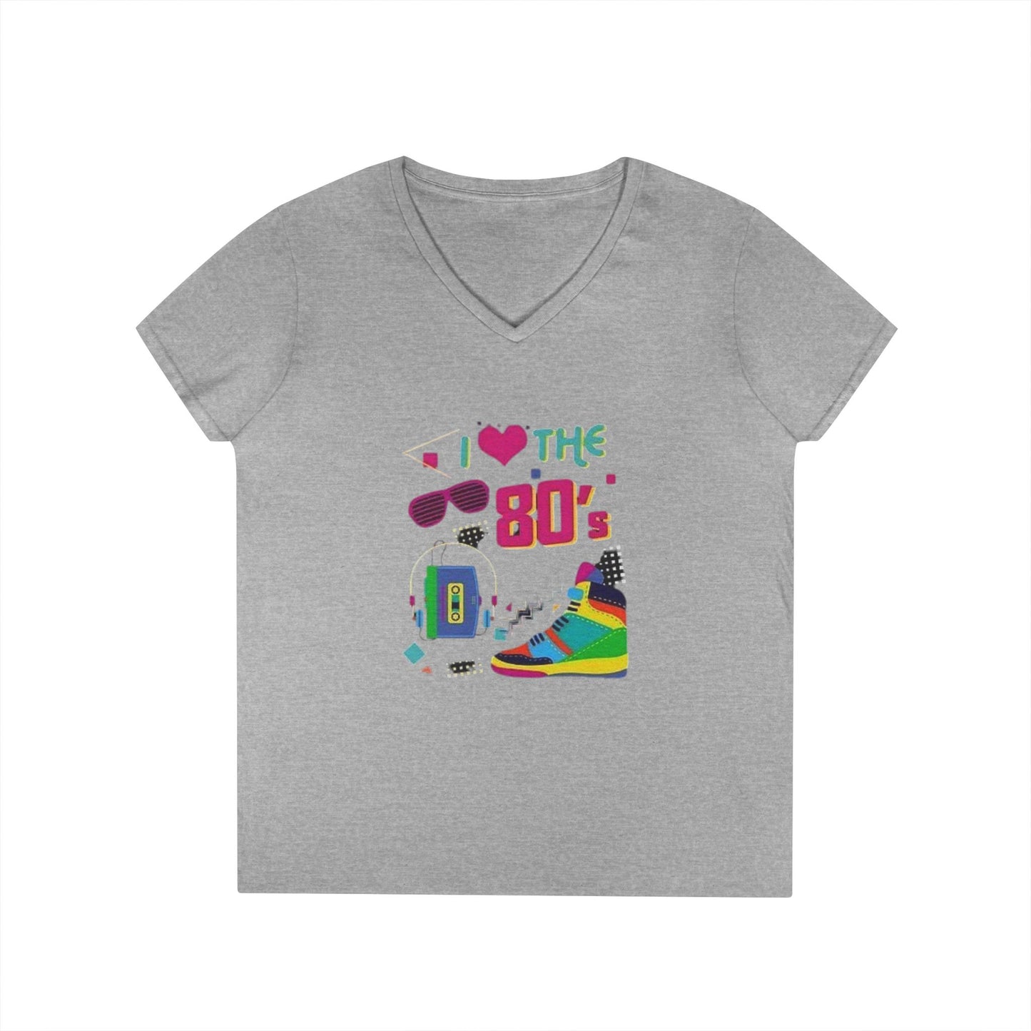 I Love The 80's Ladies' V-Neck T-Shirt, RetroStyle Tee, Vintage 80s Shirt, Perfect for Parties, Gifts for Her, Nostalgic Fashion
