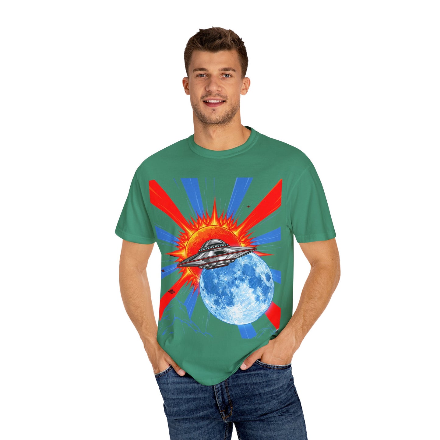 Retro Space Graphic T-shirt - Unisex Cartoon UFO Tee, Gift for Sci-fi Lovers, Casual Wear, Vintage Style, Summer Outfit