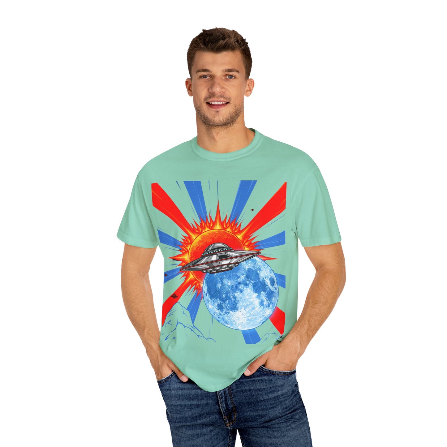 Retro Space Graphic T-shirt - Unisex Cartoon UFO Tee, Gift for Sci-fi Lovers, Casual Wear, Vintage Style, Summer Outfit