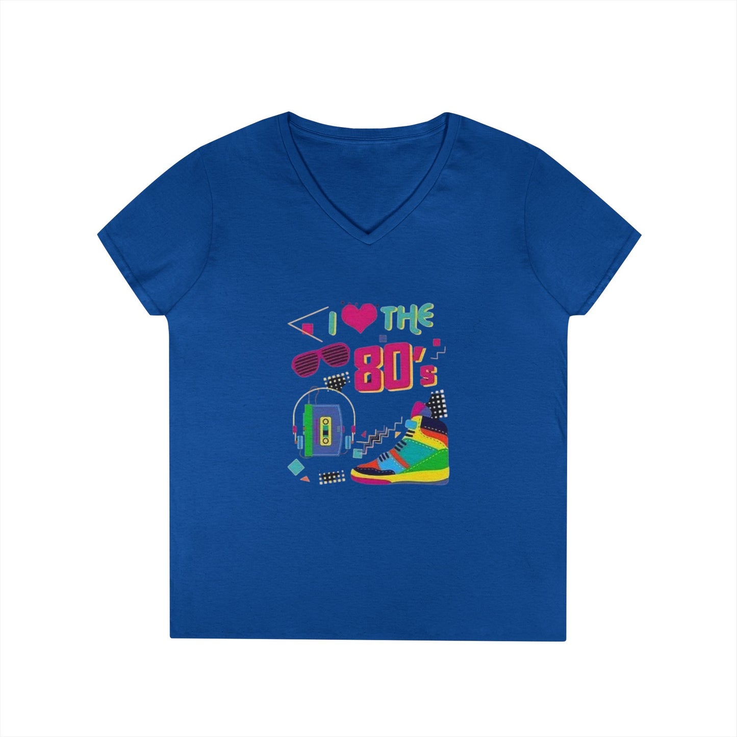 I Love The 80's Ladies' V-Neck T-Shirt, RetroStyle Tee, Vintage 80s Shirt, Perfect for Parties, Gifts for Her, Nostalgic Fashion