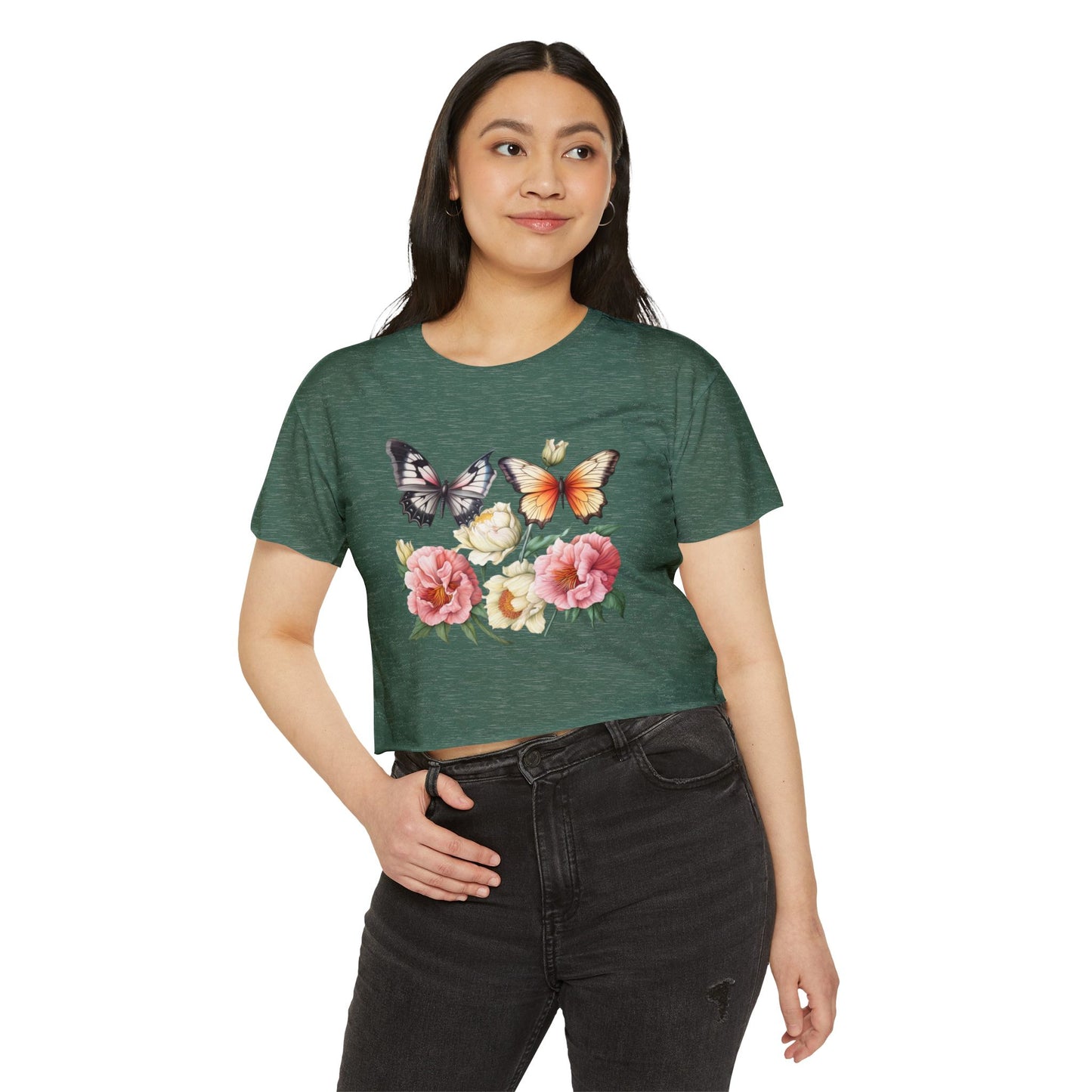 Bohemian Butterfly Crop Top, Festival Clothing, Summer Top, Women's T-Shirt, Floral Print Tee, Casual Wear, Gift for Her