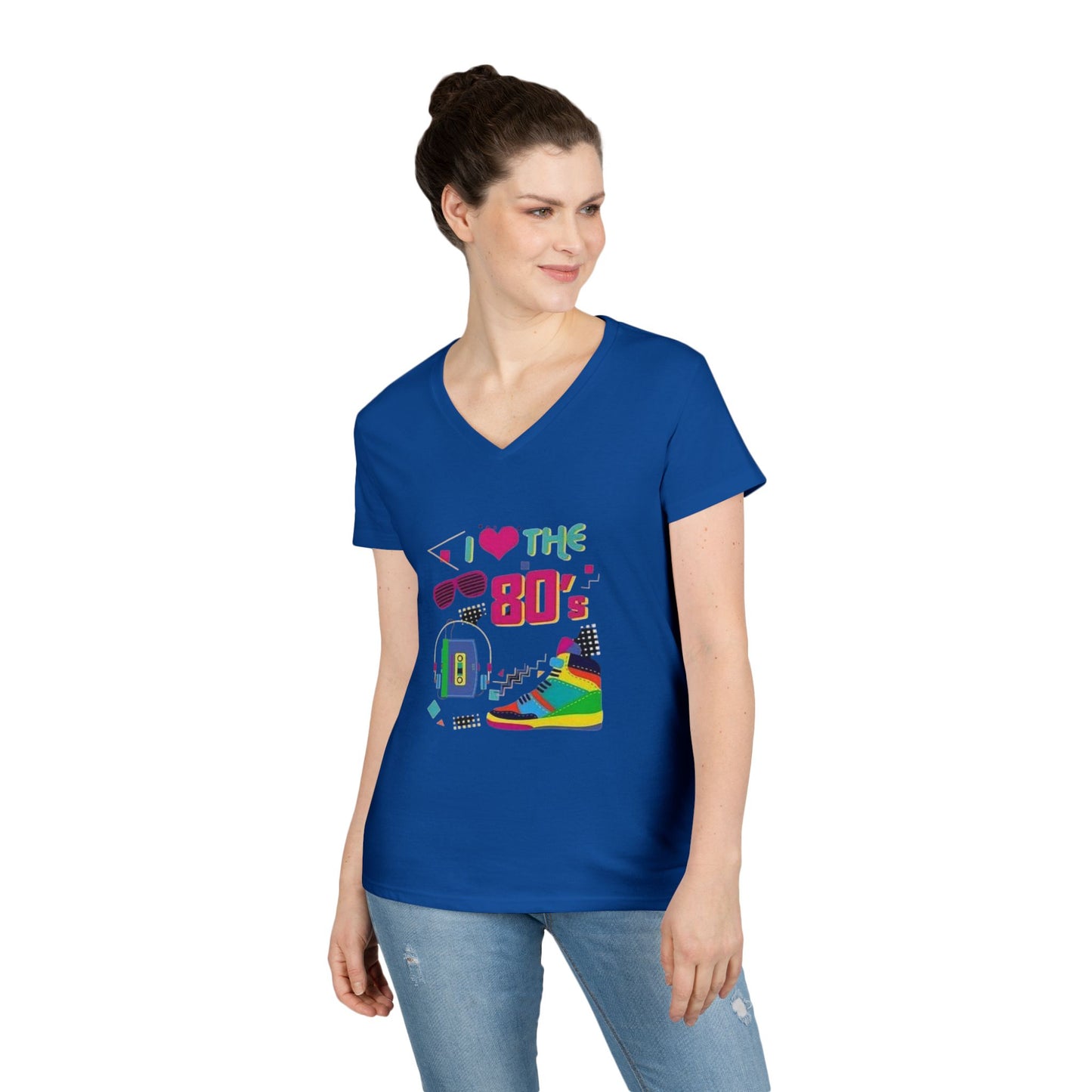 I Love The 80's Ladies' V-Neck T-Shirt, RetroStyle Tee, Vintage 80s Shirt, Perfect for Parties, Gifts for Her, Nostalgic Fashion