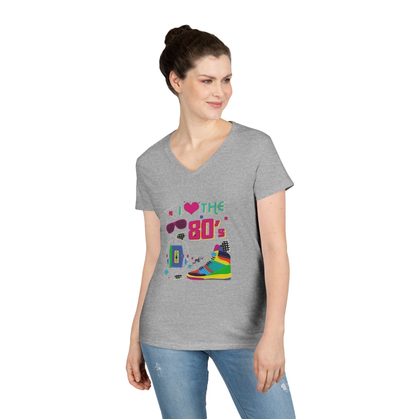I Love The 80's Ladies' V-Neck T-Shirt, RetroStyle Tee, Vintage 80s Shirt, Perfect for Parties, Gifts for Her, Nostalgic Fashion