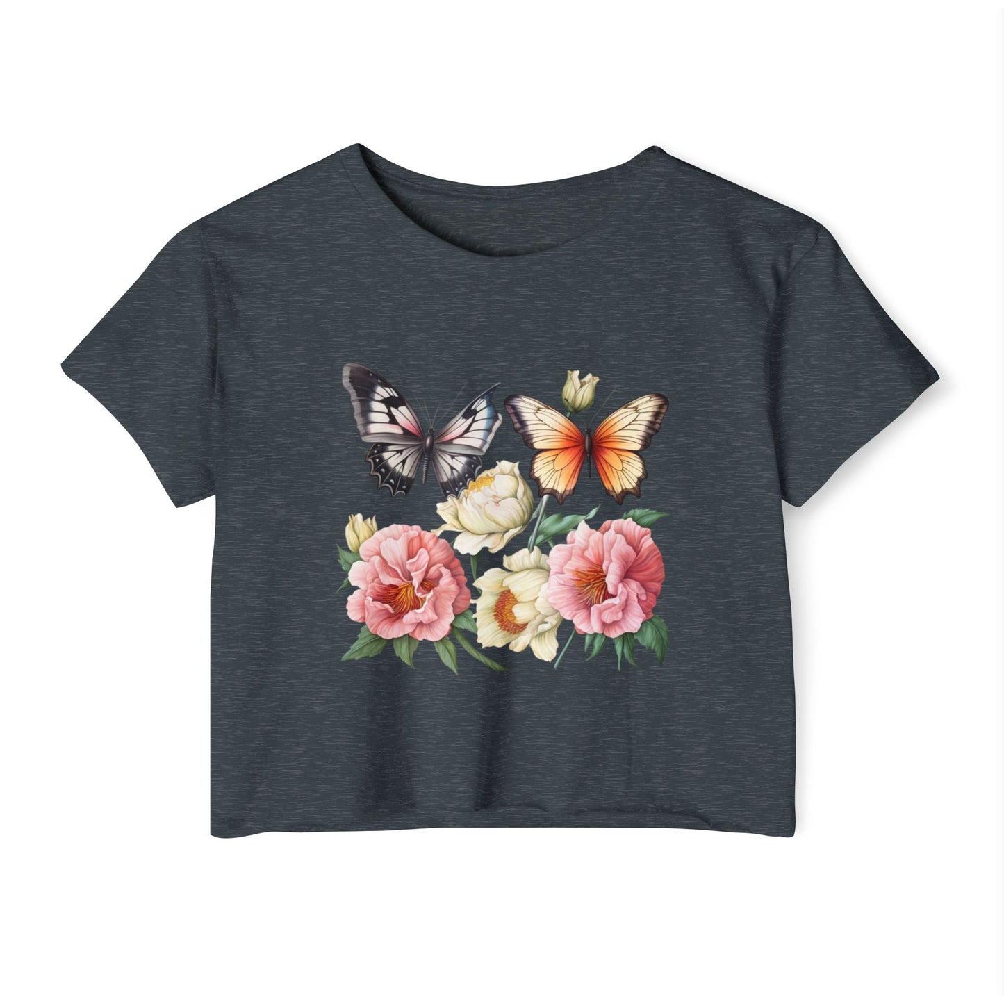 Bohemian Butterfly Crop Top, Festival Clothing, Summer Top, Women's T-Shirt, Floral Print Tee, Casual Wear, Gift for Her