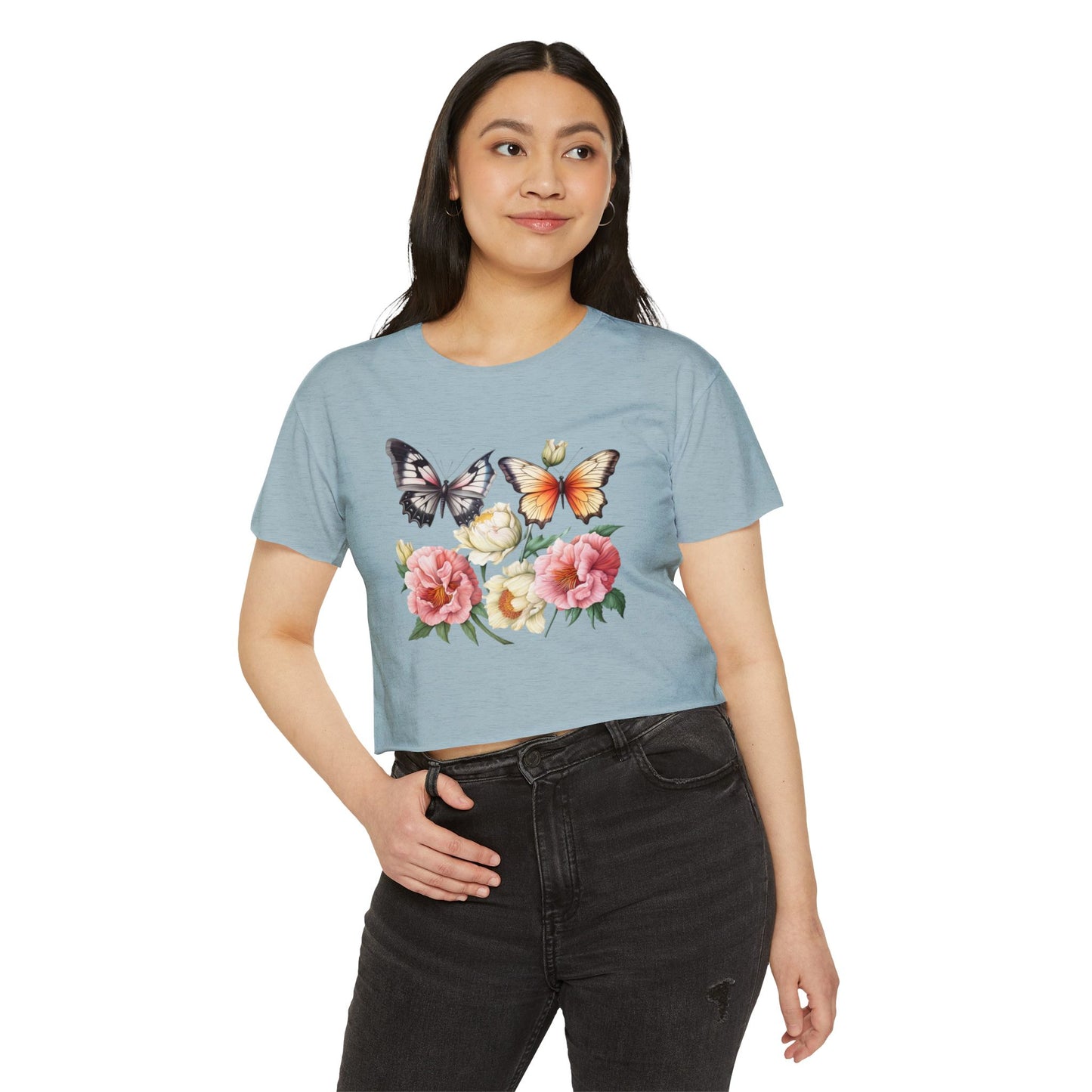 Bohemian Butterfly Crop Top, Festival Clothing, Summer Top, Women's T-Shirt, Floral Print Tee, Casual Wear, Gift for Her