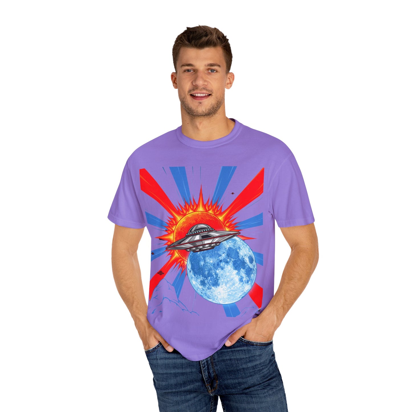 Retro Space Graphic T-shirt - Unisex Cartoon UFO Tee, Gift for Sci-fi Lovers, Casual Wear, Vintage Style, Summer Outfit