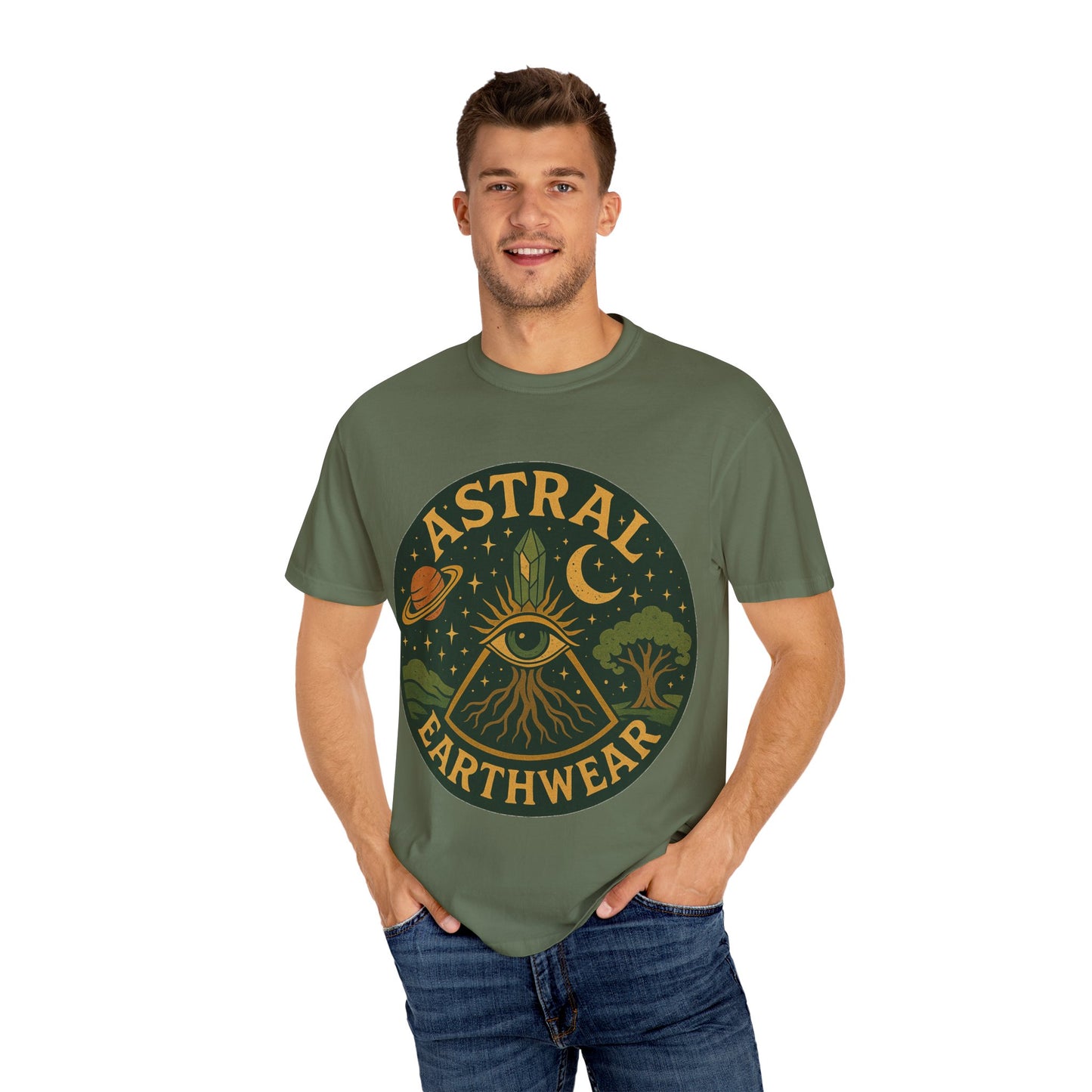 Astral Earthwear Unisex T-Shirt, Boho Graphic Tee, Celestial Design Shirt, Gift for Nature Lovers, Casual Earthy Style