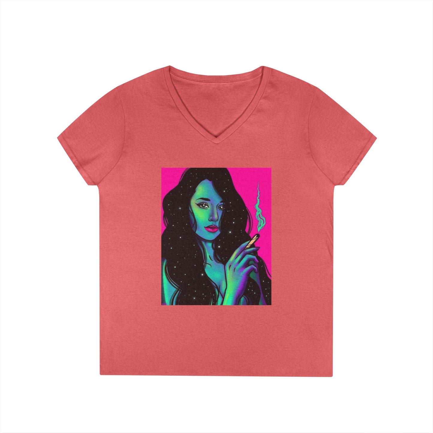Cosmic Vibe Ladies' V-Neck T-Shirt with Mystical Artwork