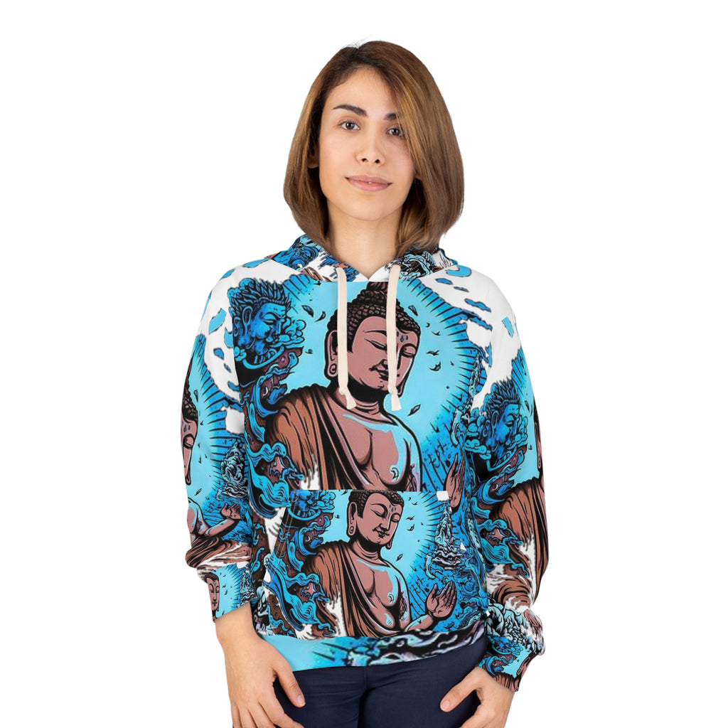 Buddha-Inspired Unisex Pullover Hoodie, Spiritual Hoodie, Meditation Apparel, Calm Vibe, Gift for Yogis, Colorful AOP Design