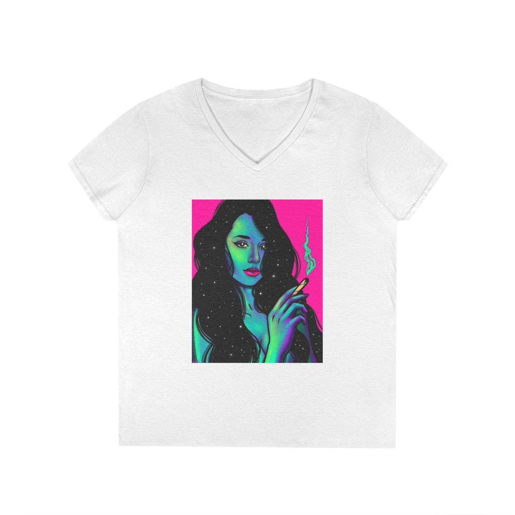 Cosmic Vibe Ladies' V-Neck T-Shirt with Mystical Artwork