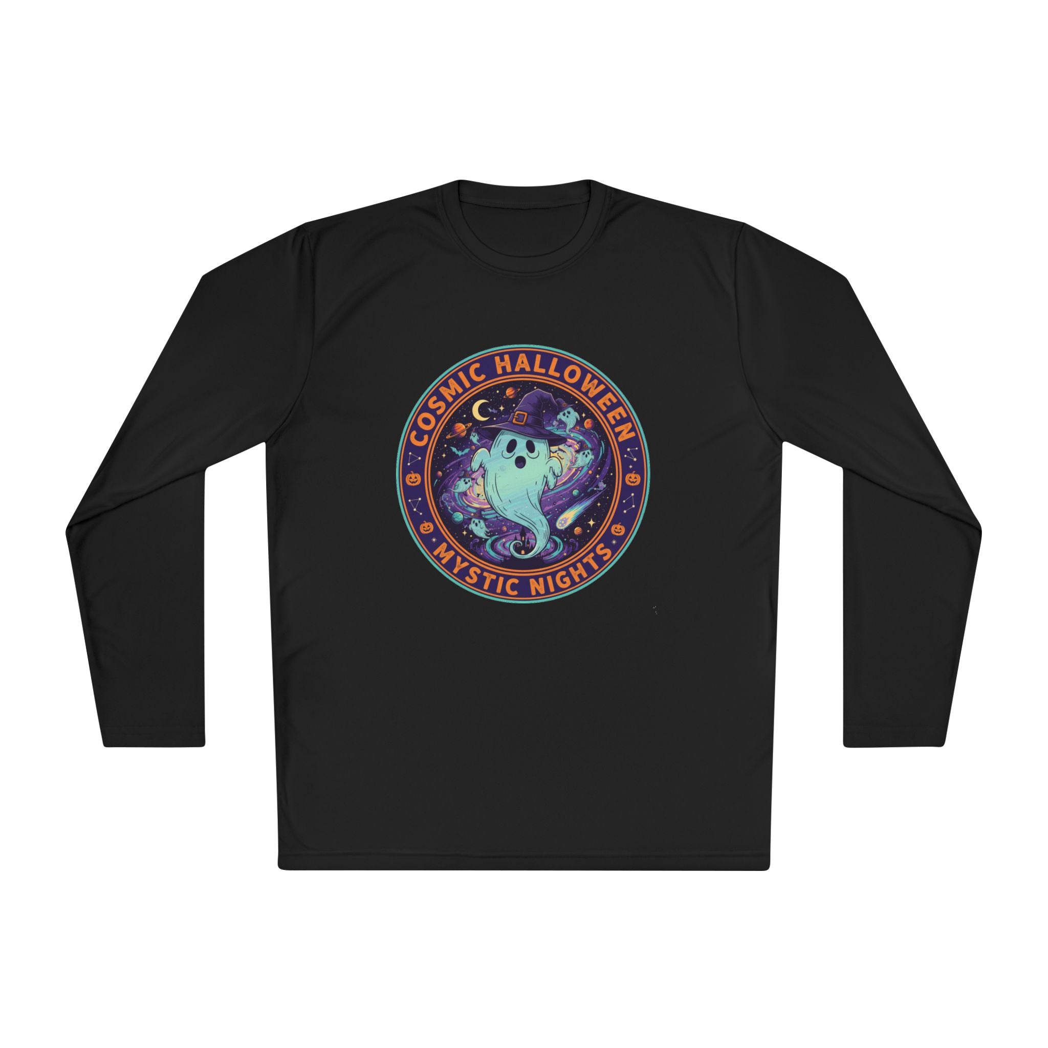 Cosmic Halloween Unisex Lightweight Long Sleeve Tee, Spooky Apparel for Fall, Ghost Graphic Tee, Mystic Nights Shirt, Halloween Fashion