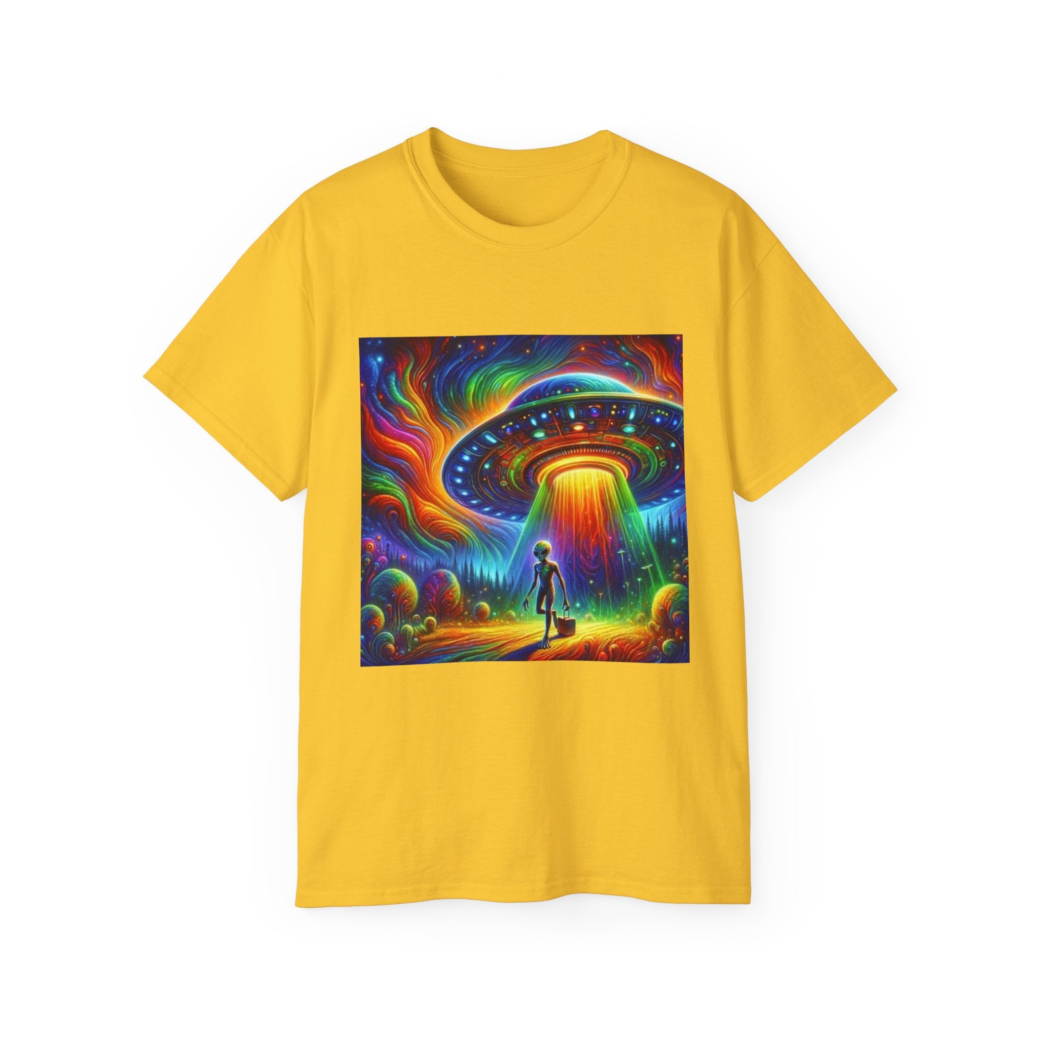 Cosmic Adventure Tee - Unisex Ultra Cotton T-Shirt, UFO Graphic Tee, Colorful Sci-Fi Shirt, Perfect for Festivals, Gift for Space Lovers