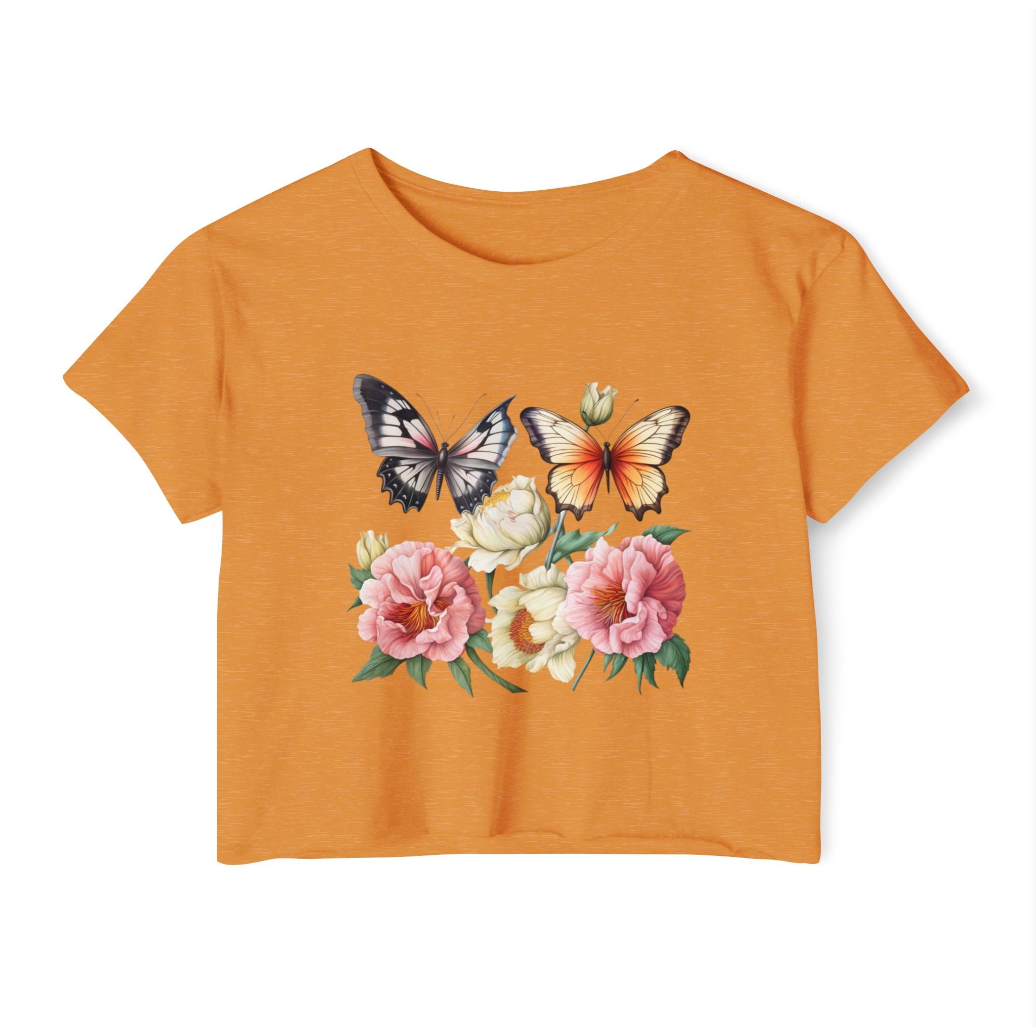 Bohemian Butterfly Crop Top, Festival Clothing, Summer Top, Women's T-Shirt, Floral Print Tee, Casual Wear, Gift for Her