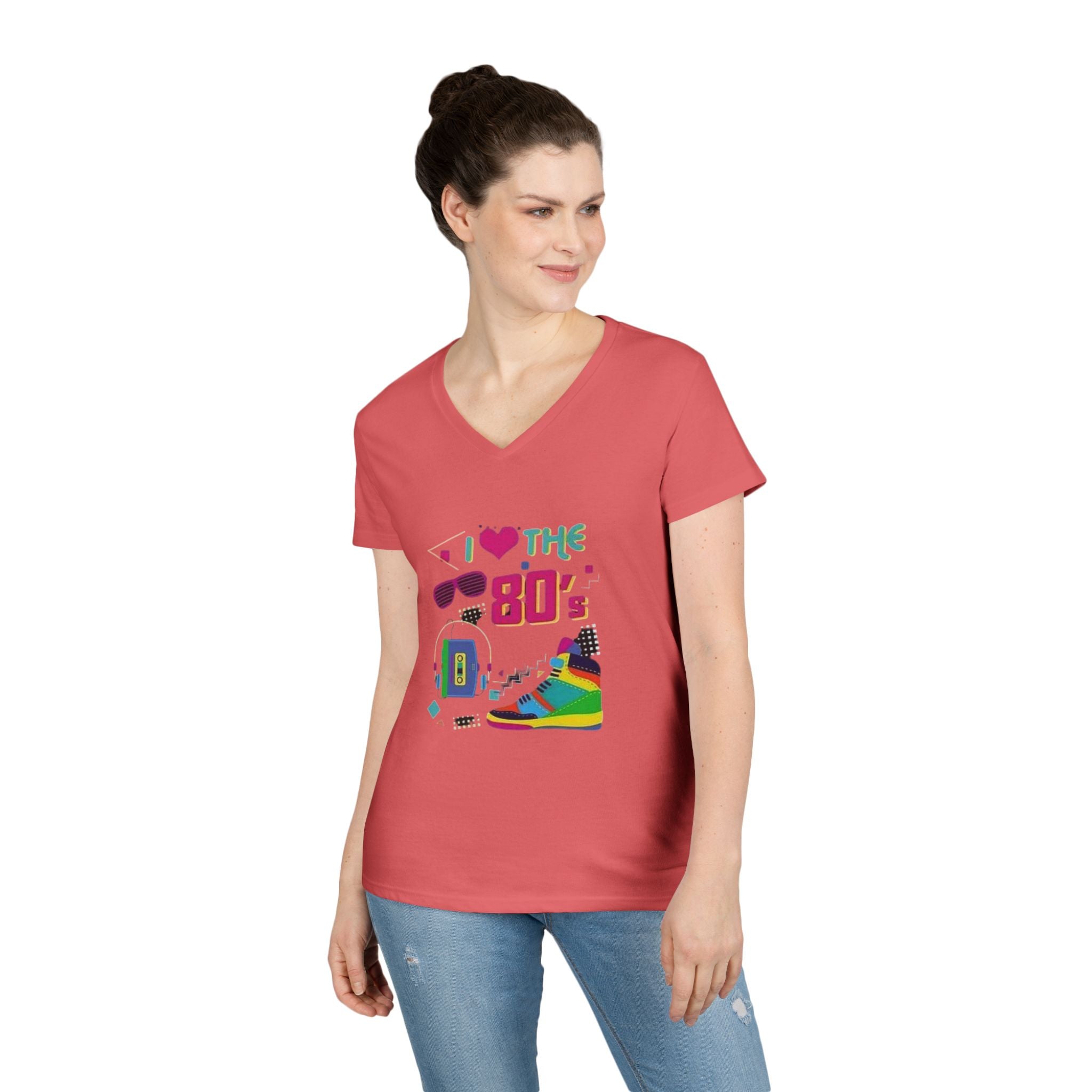 I Love The 80's Ladies' V-Neck T-Shirt, RetroStyle Tee, Vintage 80s Shirt, Perfect for Parties, Gifts for Her, Nostalgic Fashion
