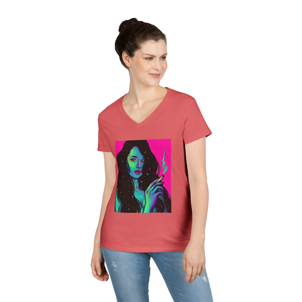 Cosmic Vibe Ladies' V-Neck T-Shirt with Mystical Artwork