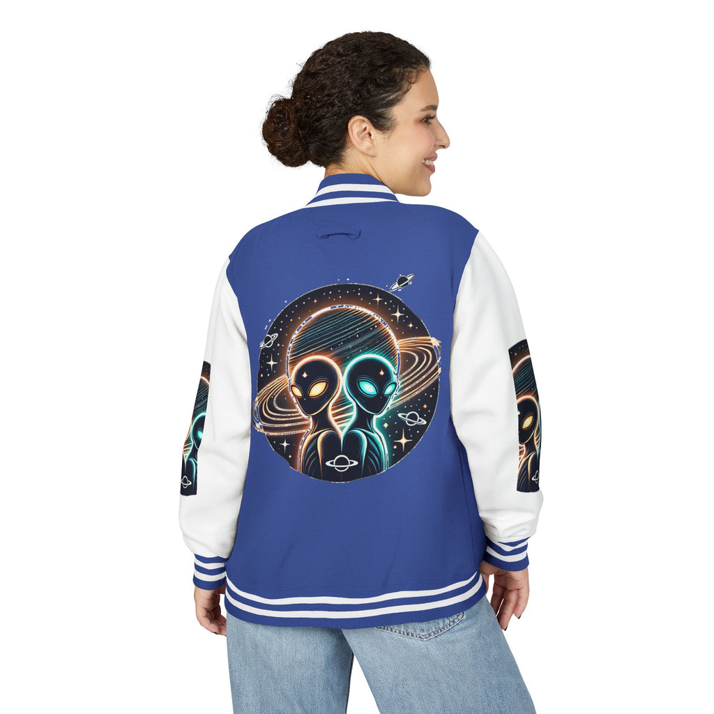 Cosmic Alien Letterman Jacket | Vintage Style Outerwear, Trendy Unisex Jacket, Space Theme Apparel, Perfect for Cosplay or Gift