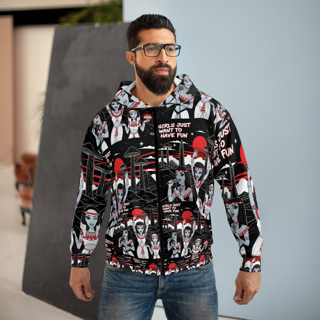 Unisex AOP Zip Hoodie - Fun Vibes Halloween Outerwear, Cozy Layer, Unique Gift for Friends, Goth Style Apparels, Festival Wear