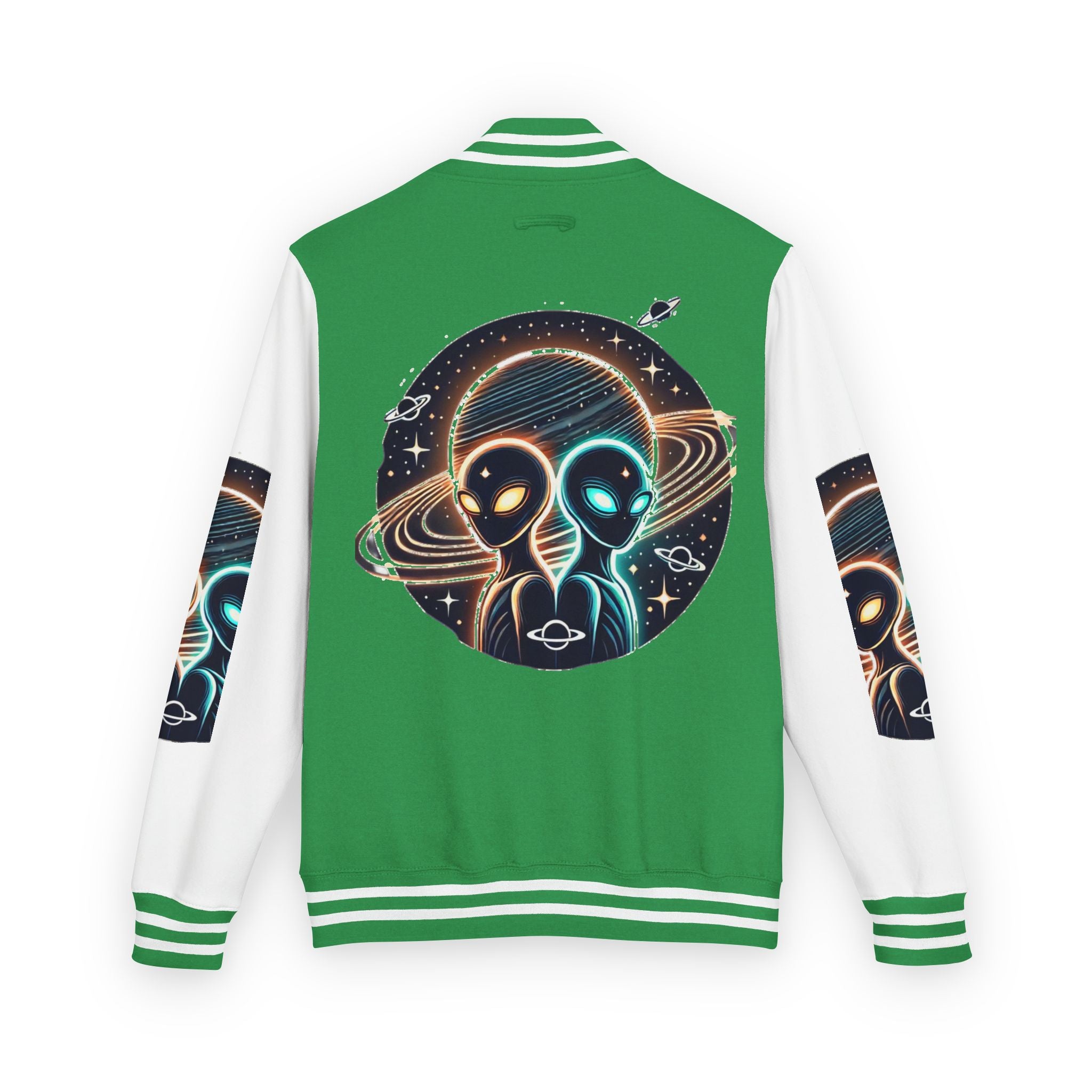 Cosmic Alien Letterman Jacket | Vintage Style Outerwear, Trendy Unisex Jacket, Space Theme Apparel, Perfect for Cosplay or Gift