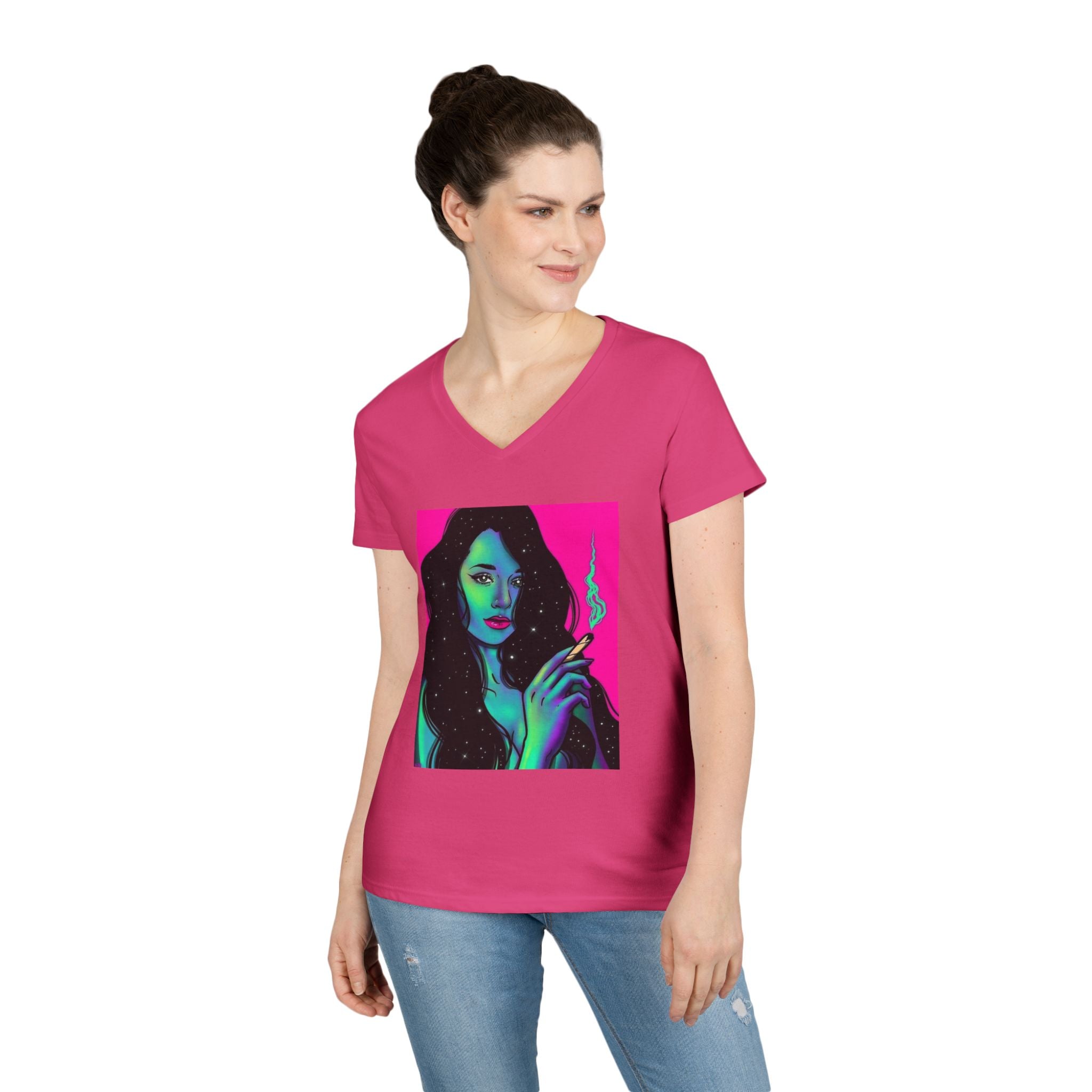 Cosmic Vibe Ladies' V-Neck T-Shirt with Mystical Artwork
