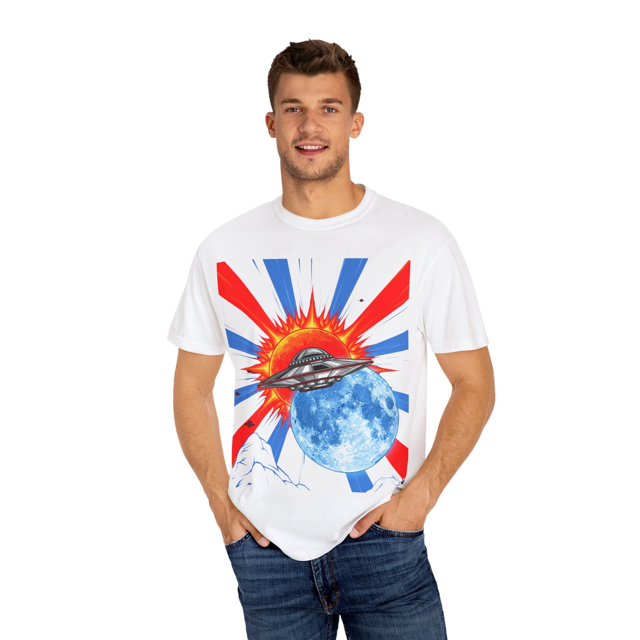 Retro Space Graphic T-shirt - Unisex Cartoon UFO Tee, Gift for Sci-fi Lovers, Casual Wear, Vintage Style, Summer Outfit