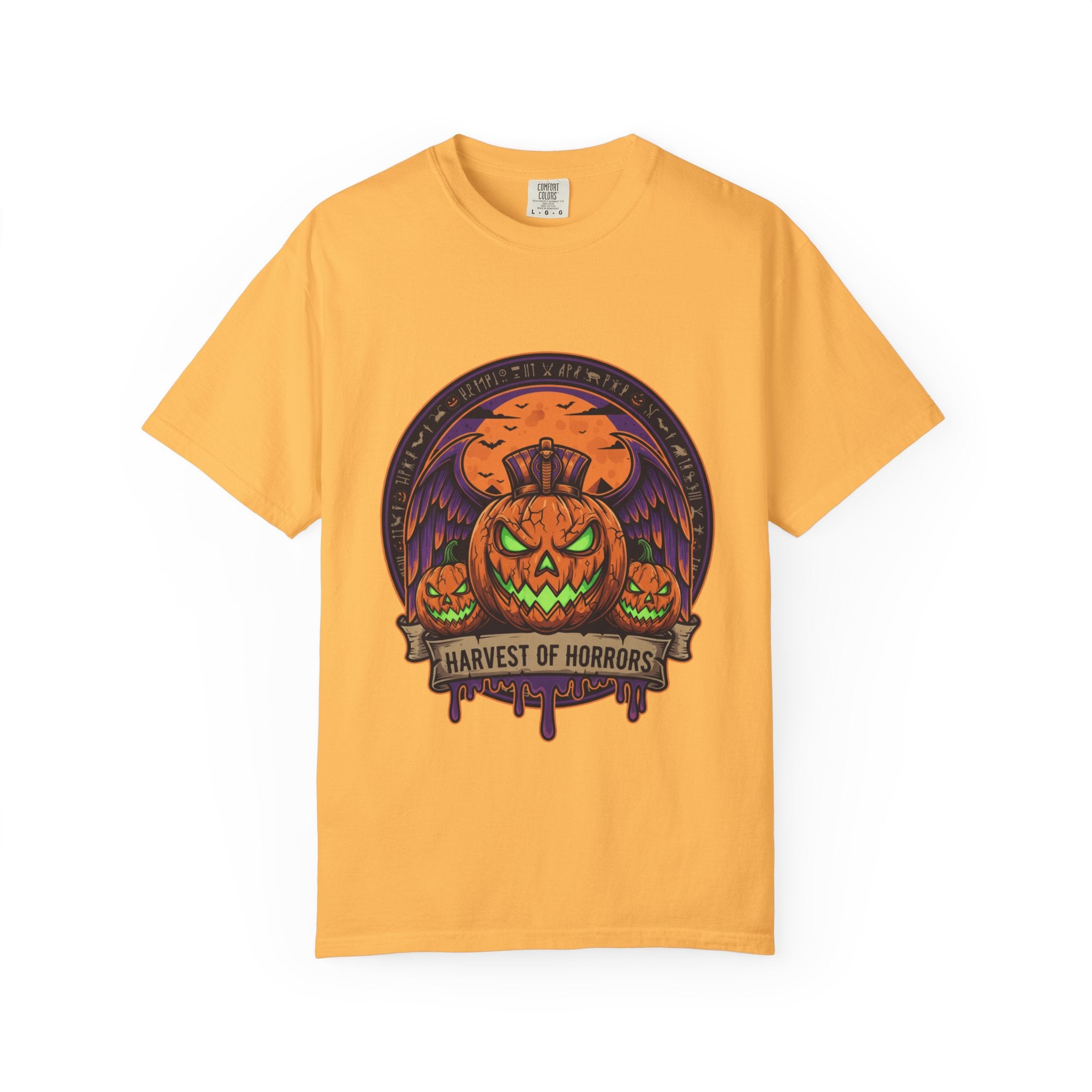 Harvest of Horrors Unisex T-shirt | Halloween Apparel, Spooky Graphic Tee, Fall Fashion, Pumpkin Shirt, October Outfit