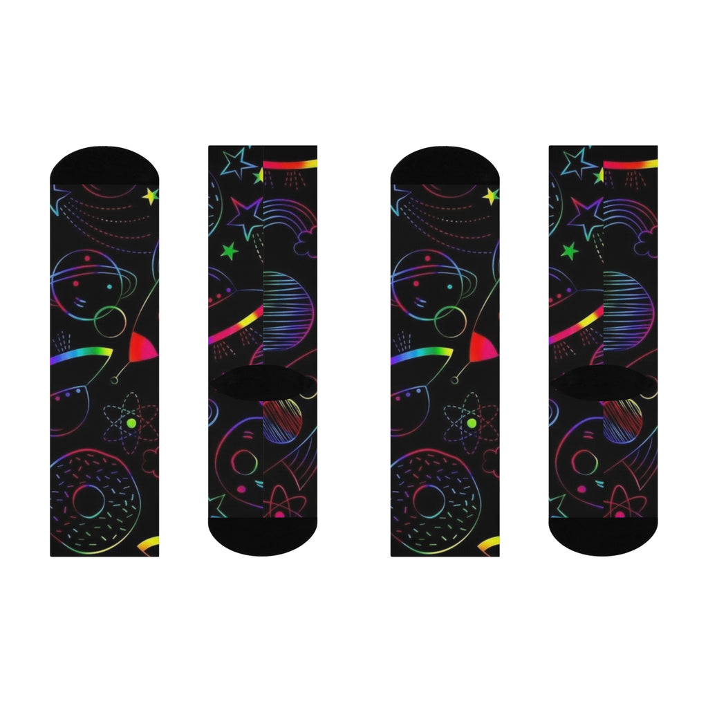 Cosmic Fun Cushioned Crew Socks - Colorful Space Design, Unique Gift for Astronomy Lovers, Comfortable Everyday Wear, Festival Accessory
