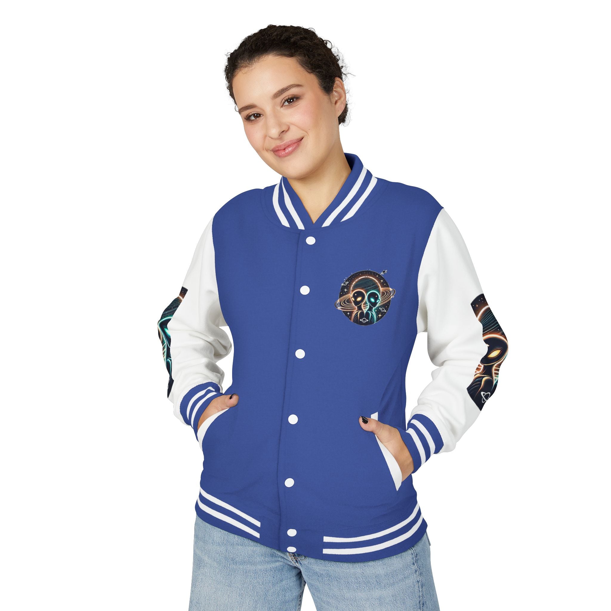 Cosmic Alien Letterman Jacket | Vintage Style Outerwear, Trendy Unisex Jacket, Space Theme Apparel, Perfect for Cosplay or Gift