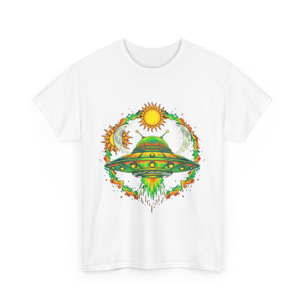 Cosmic Vibes Unisex Heavy Cotton Tee | UFO Graphic T-Shirt, Space Lover Gift, Festival Wear, Summer Style, Unique Tee