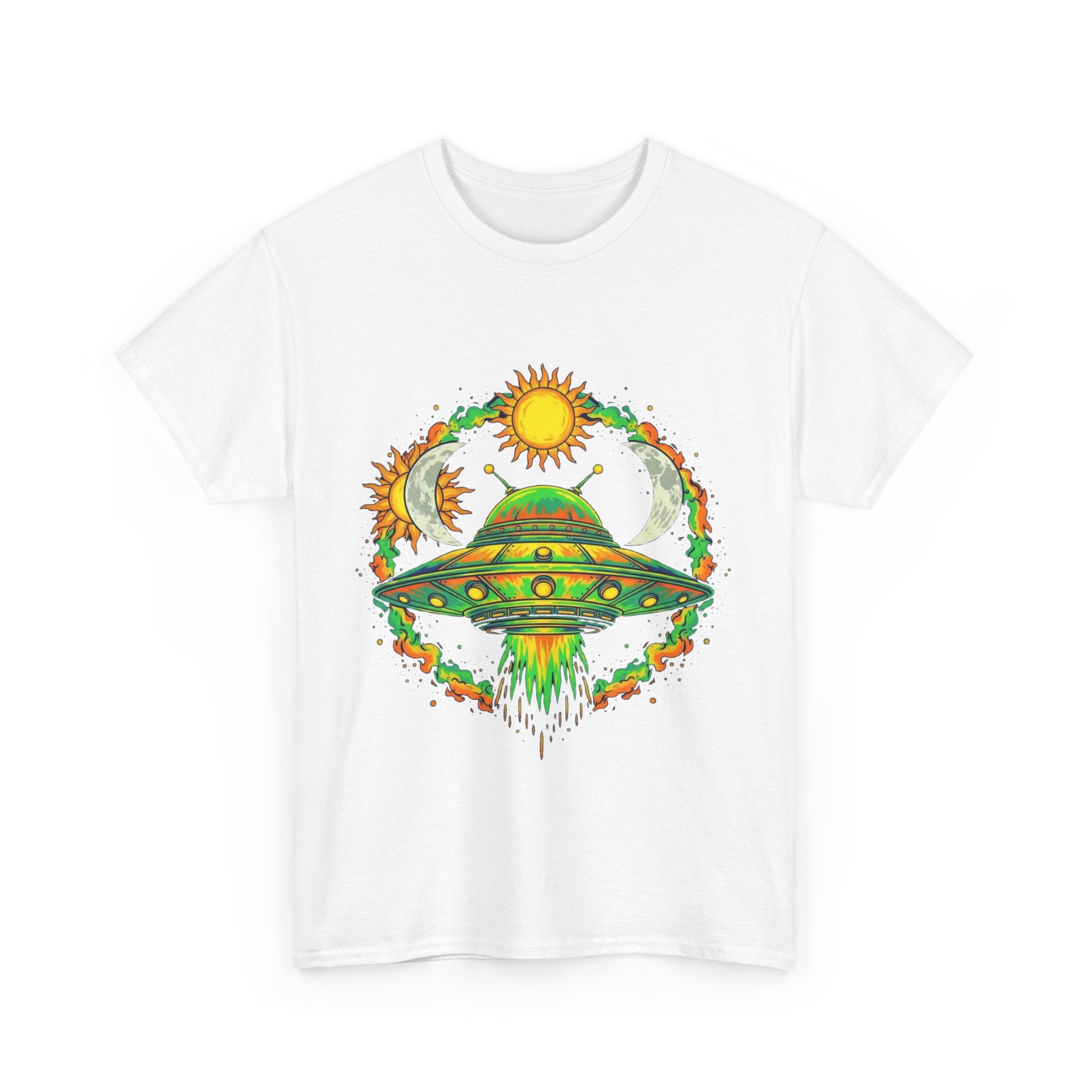 Cosmic Vibes Unisex Heavy Cotton Tee | UFO Graphic T-Shirt, Space Lover Gift, Festival Wear, Summer Style, Unique Tee