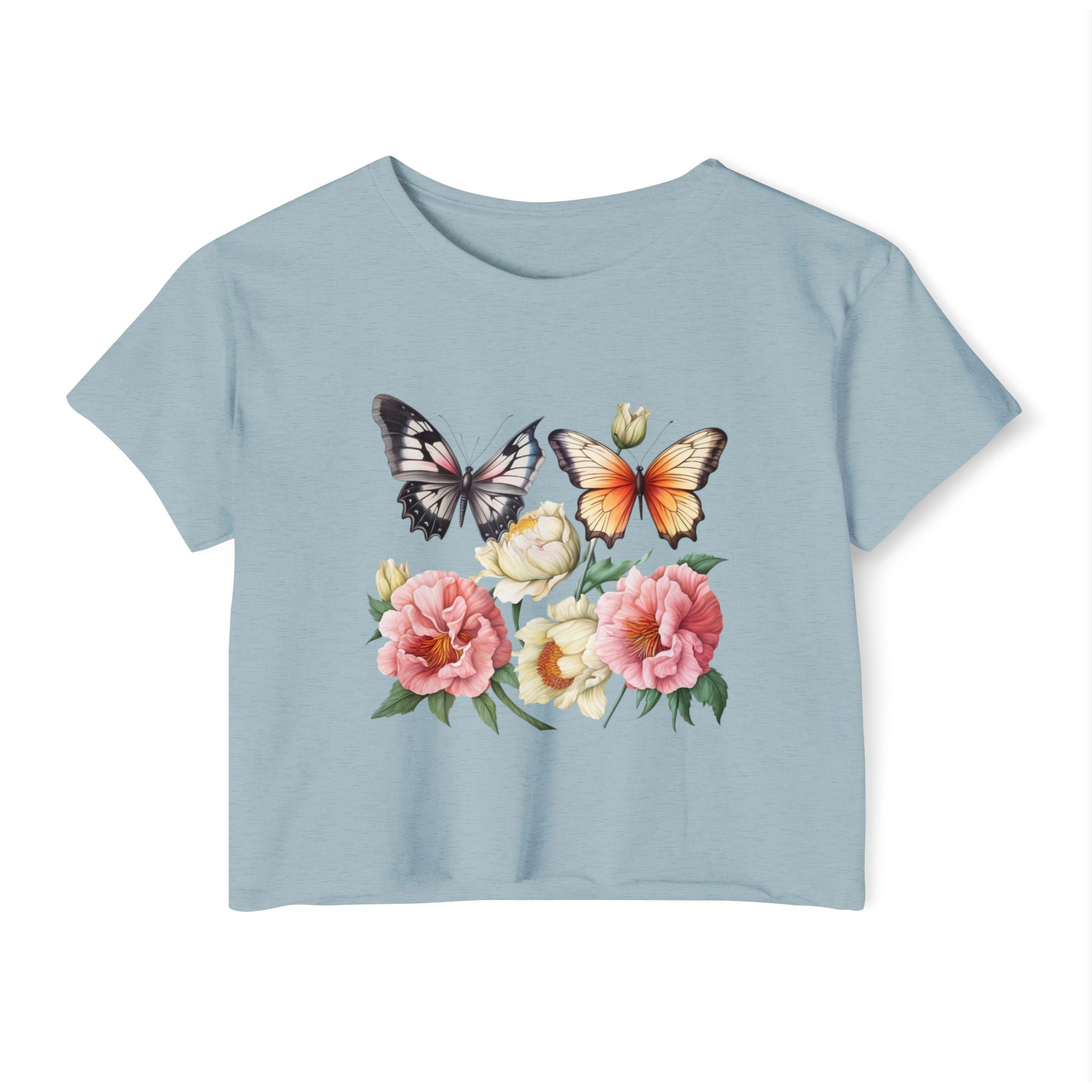 Bohemian Butterfly Crop Top, Festival Clothing, Summer Top, Women's T-Shirt, Floral Print Tee, Casual Wear, Gift for Her
