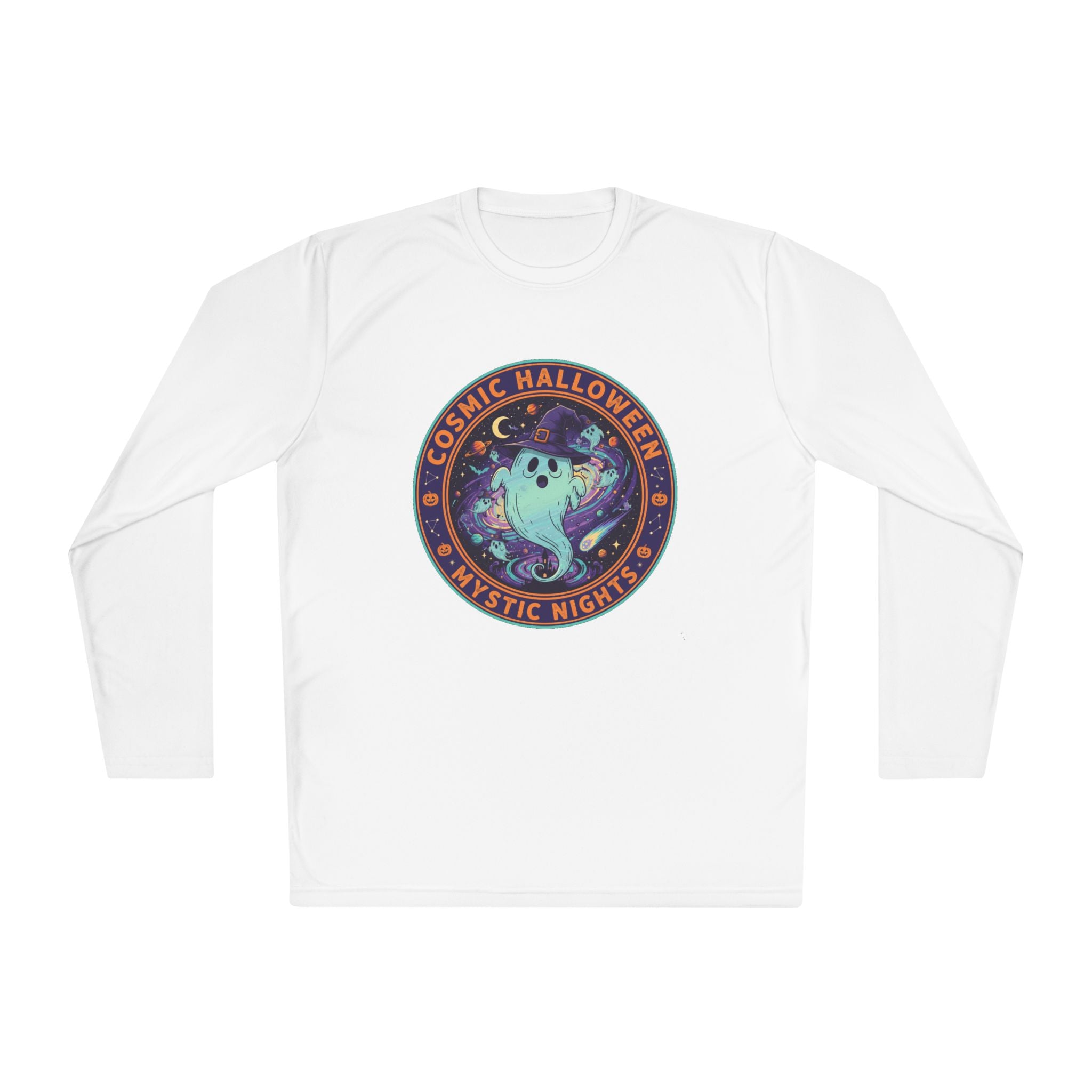 Cosmic Halloween Unisex Lightweight Long Sleeve Tee, Spooky Apparel for Fall, Ghost Graphic Tee, Mystic Nights Shirt, Halloween Fashion